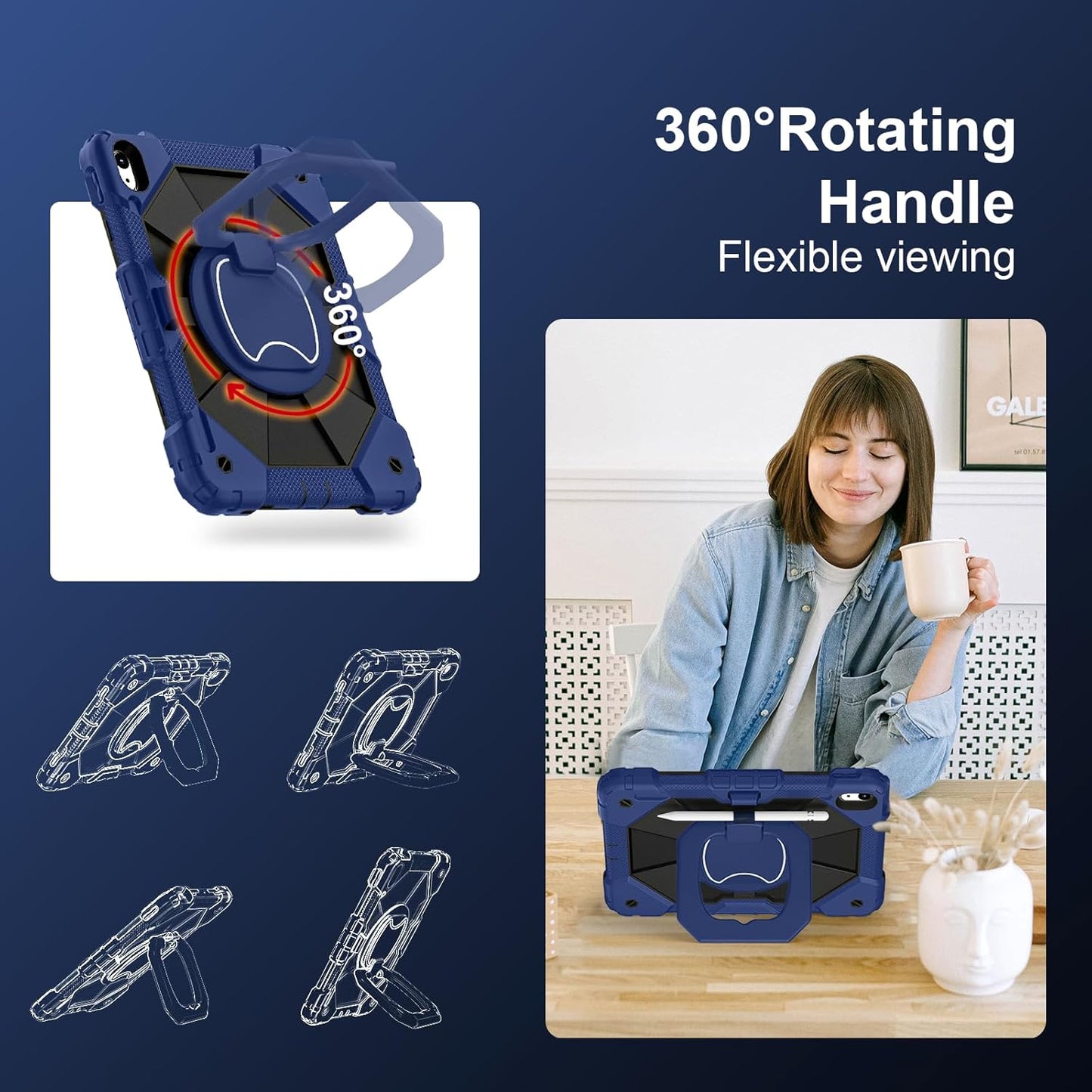 Case for iPad (A16) 11th Generation 11 Inch (2025) / iPad 10th Generation Case 10.9 Inch (2022) with 360° Rotating Stand Screen Protector Pen Holder Shoulder Strap, Navy Black