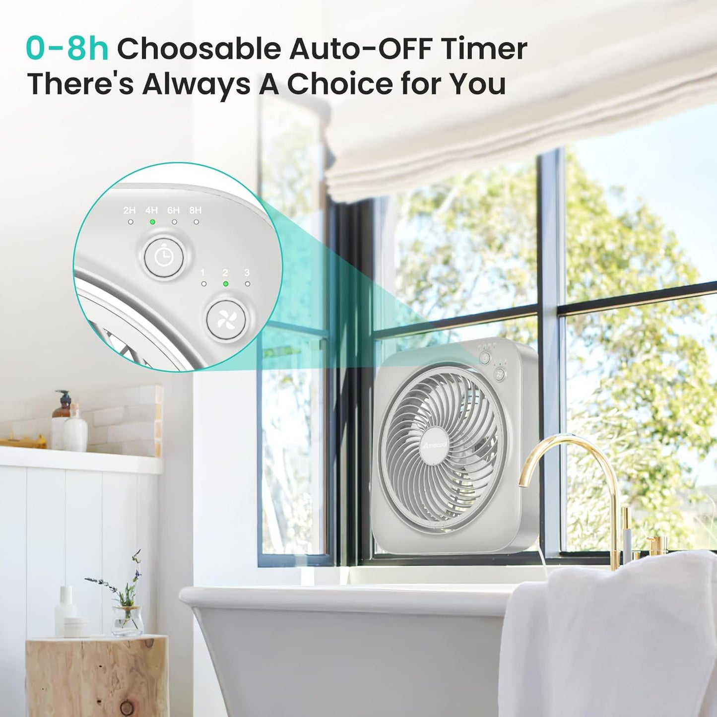 AMACOOL Table Fan, 12 inch Box Fan with 3 Adjustable Speeds & 8HRS Timer, Adjustable Angle Quiet Air Circulator, Desktop Fan for Bedroom Bathroom Kitchen Office, AC Adapter Included (Grey)