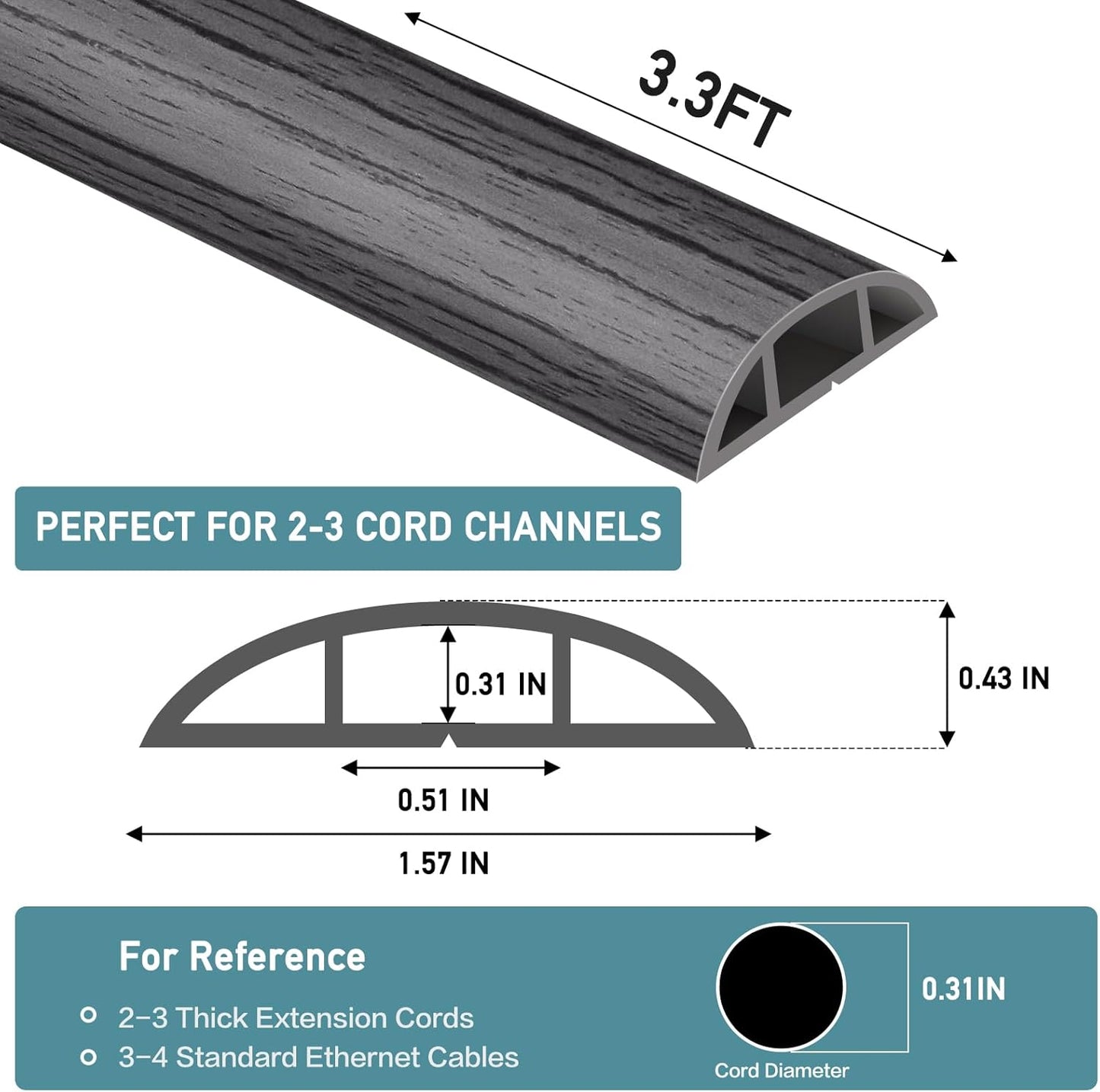 Floor Cord Cover Self Adhesive Cord Hider Floor Extension Cord Covers for Floor Power Cord Protector Cable Management Prevent Cable Trips Cable Cavity 0.51" W x 0.31" H (Deep Grey Wood, 3.3Ft)