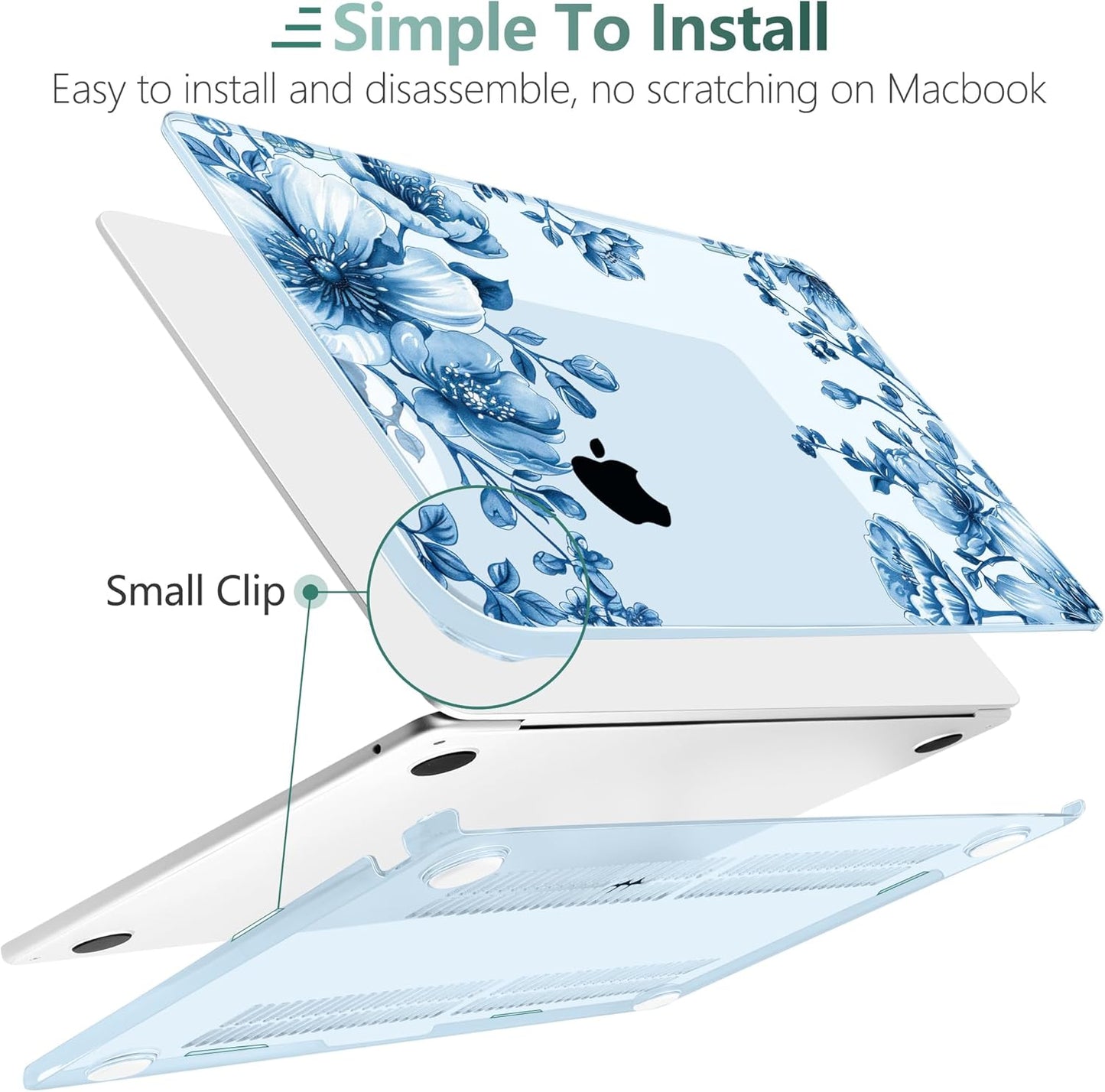 TWOLSKOO Compatible with M4 MacBook Air 13.6 inch Case 2025-2022 Release M4 A3240 M3 A3113 M2 A2681, Plastic Hard Shell & Keyboard Cover & Type C Adapter & Screen Protector, Blue Chinoiserie