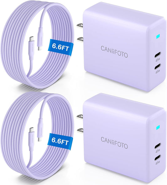 2Port 45W Super Fast Charger Type C, 2Pack 45W USB-C Charger Fast Charging for Samsung Galaxy S24 Ultra/S24+/S24/S23 Ultra/S23+/S22/S20/Note10+ with 2X 6.6ft Type C Cord (Purple)