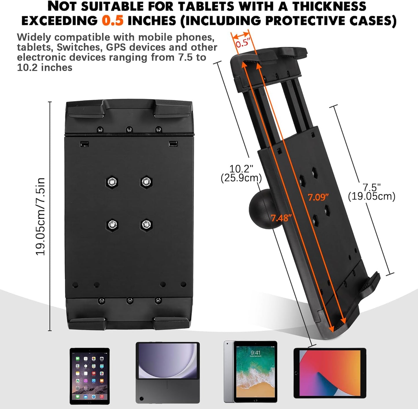 Aluminum Heavy Duty Tablet Mount for Truck, Drill Base Tablet Holder for Car, Compatible with 7.5''-10.2'' Tablets/iPad, iPad Car Mount for Truck, Boat, Dashboard