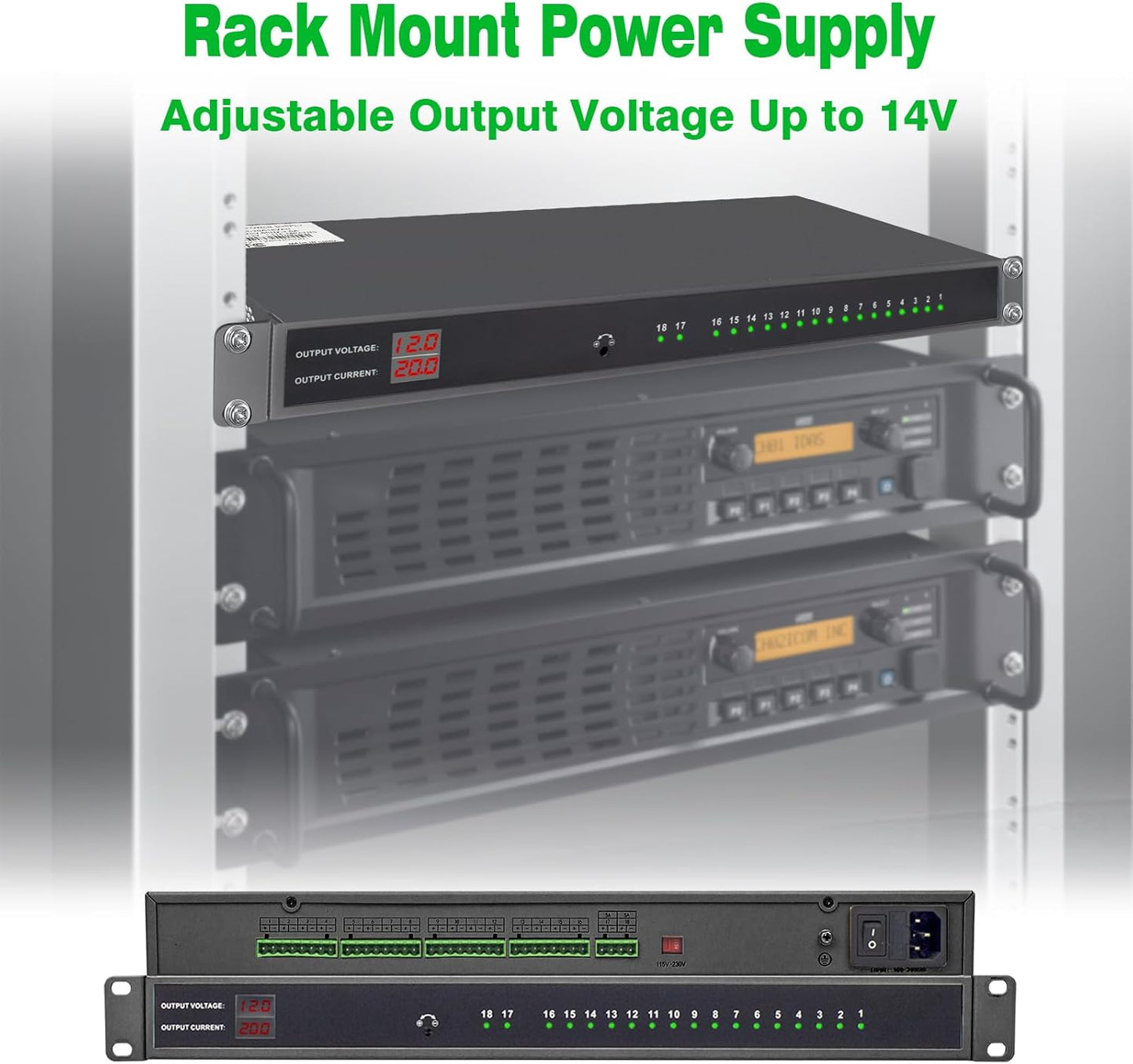 1U 18-Channel Rack Mount Power Supply – 12V 20A DC Output with Reset Fuse, 4 ft Replaceable AC Cord. Ideal for Security Cameras, DVRs, CCTV Systems, by UltraPoE