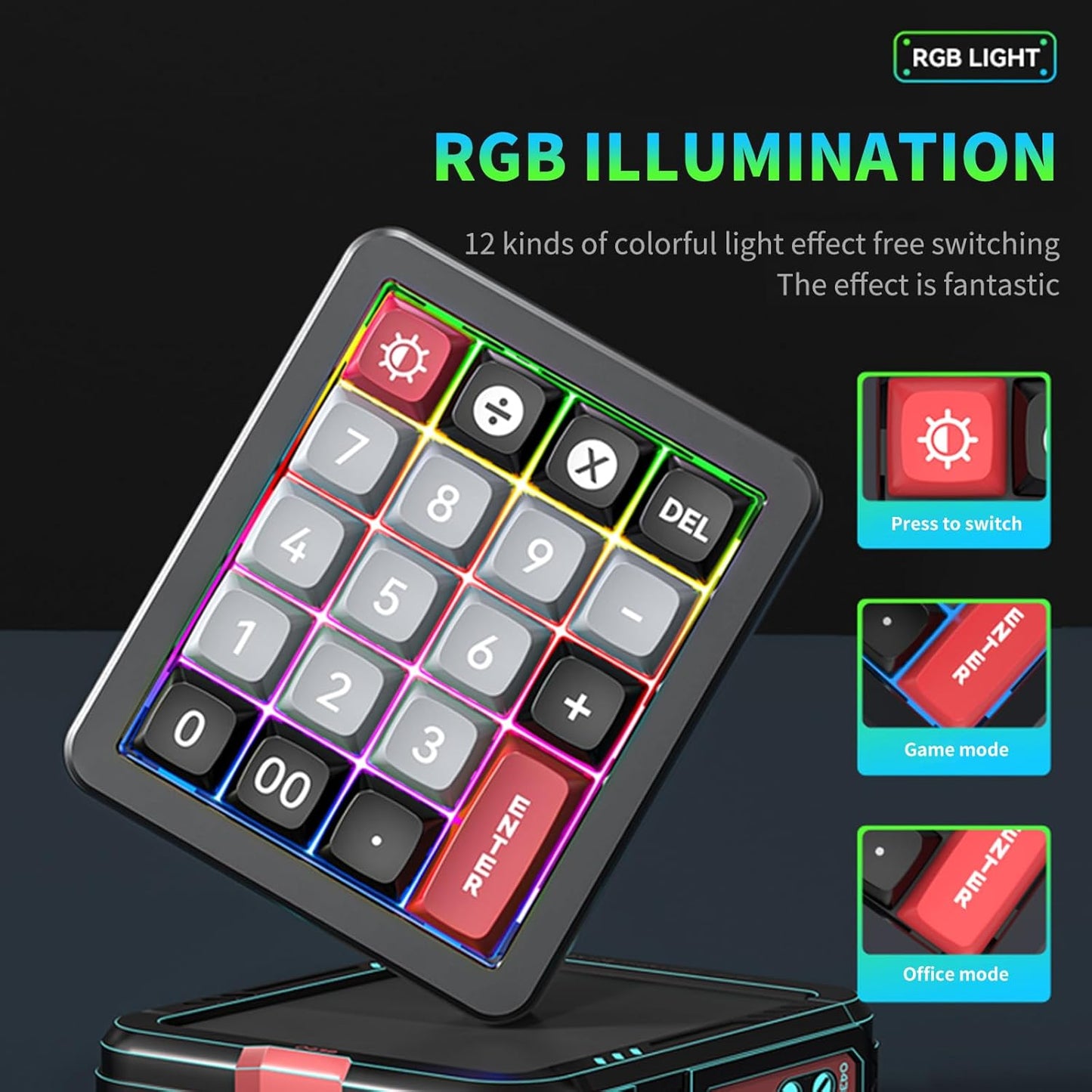 Adventurers K812 Wired Mechanical Numeric Keypad, 19-Key Hot-Swappable RGB Numpad, Macro Programmable, Detachable Type-C Cable, Game/Office Mode Switch – for PC/Laptop/Desktop (Black)