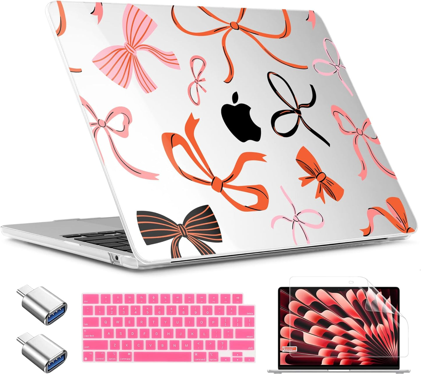 TWOLSKOO Compatible with M4 MacBook Air 13.6 inch Case 2025-2022 Release M4 A3240 M3 A3113 M2 A2681, Plastic Hard Shell & Keyboard Cover & Type C Adapter & Screen Protector, Red Bows