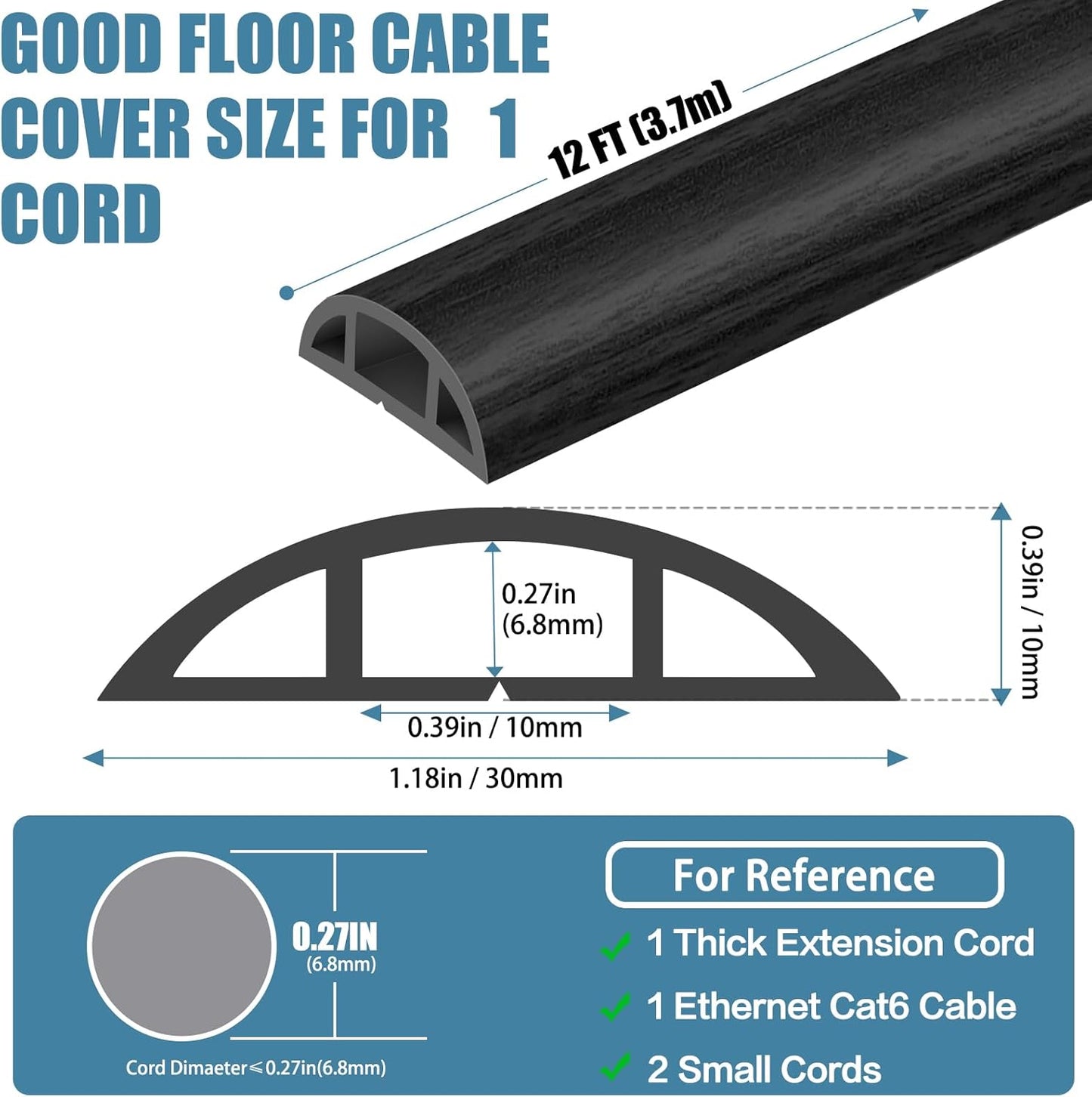 Floor Cord Covers for Wires 12FT Cable Hider Wire Cover Self Adhesive Cord Hider Floor for Offices, Homes, Workshops, Warehouses Cable Cavity 0.39" W x 0.27" H