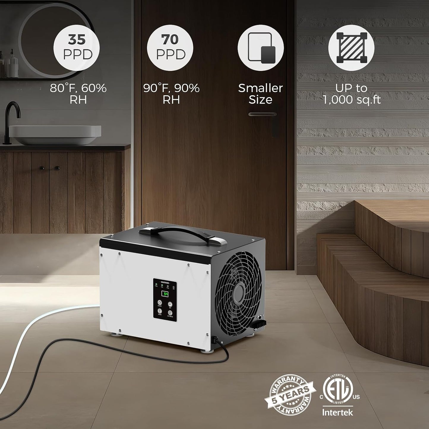 ALORAIR Crawl Space/Basement Dehumidifier 70 Pint with Pump, Automatic Defrost, Up to 1000 Sq Ft Commercial Dehumidifier, Memory Start, cETL Listed