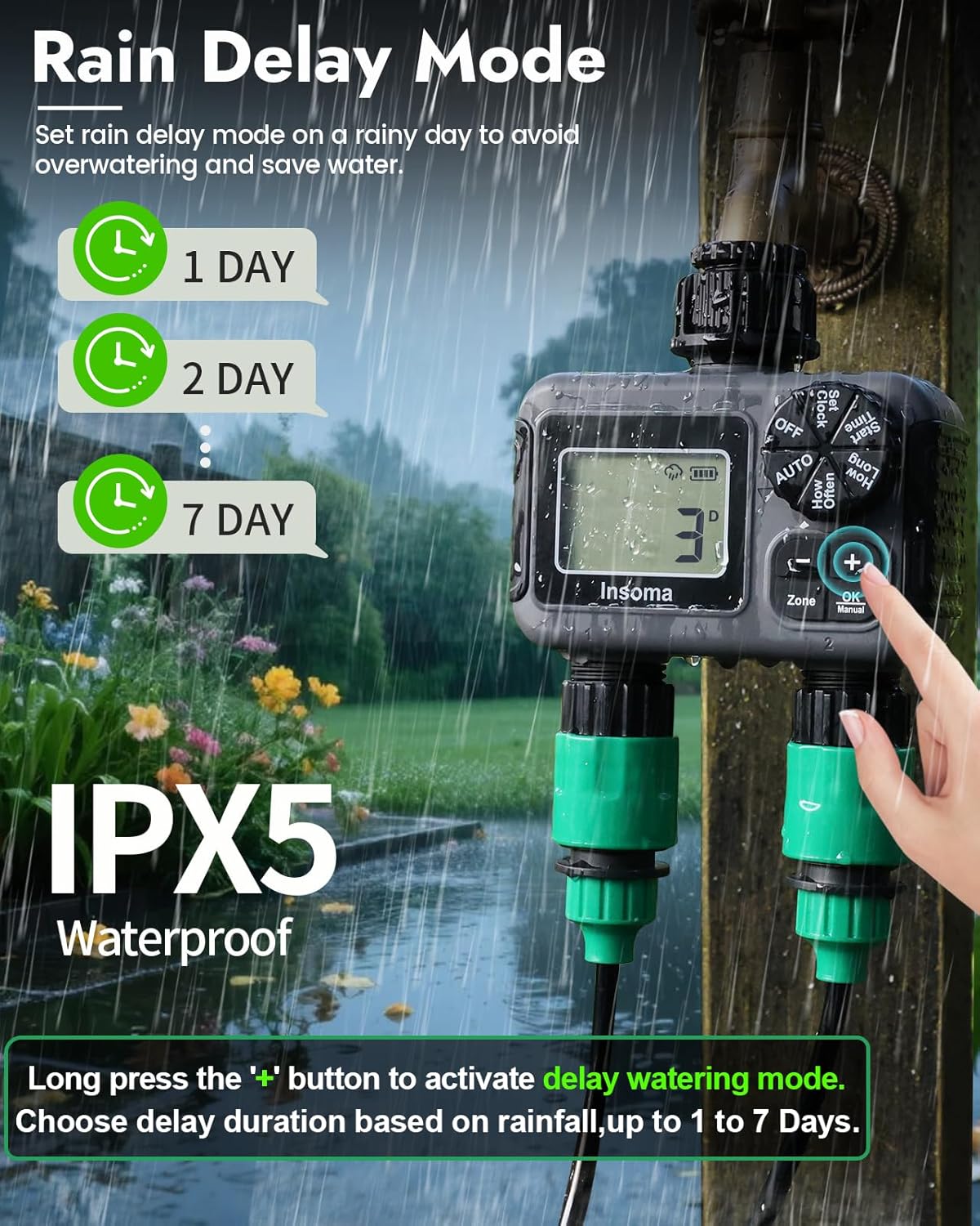Insoma 2-Zone Sprinkler Timer, Programmable Garden Hose Timer with Auto/Manual/Rain Delay Modes | Water-Saving Irrigation Controller for Lawn, Yard & Drip Systems | Waterproof Design & Easy Setup