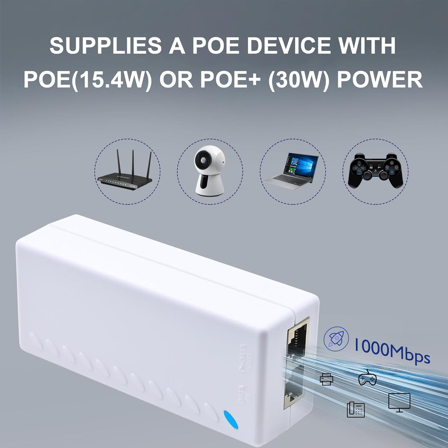 Gigabit PoE+ Injector – Converts Non-PoE to PoE+ (802.3af/at), 30W Power, Plug & Play, Up to 328ft (100m) Range, White – Ideal for IP Cameras, VoIP Phones & More