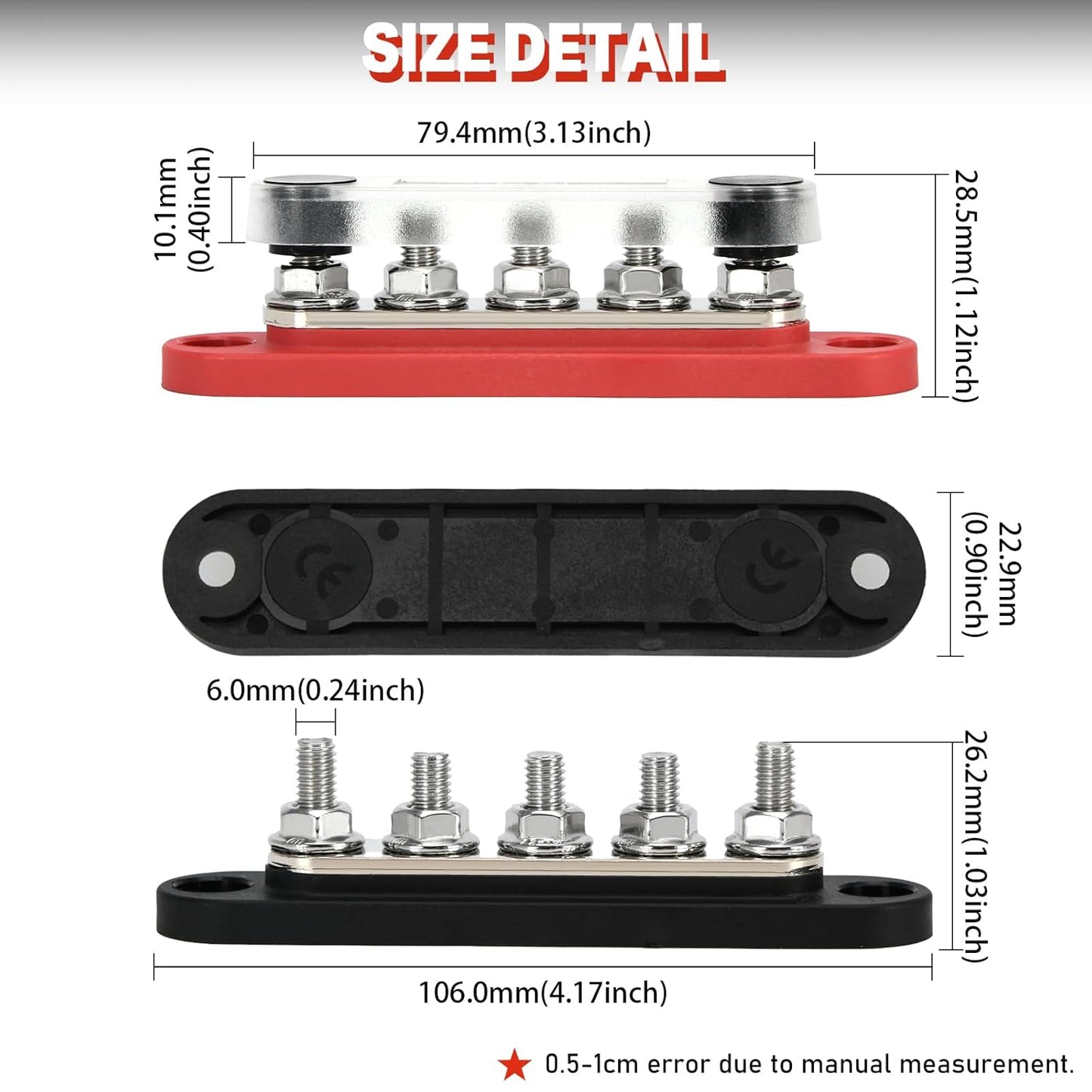 150A 12V Power Distribution Block with 5 x 1/4" (M6) Studs Max 150A 48V DC 300V AC for Automotive Car Marine Truck Boat