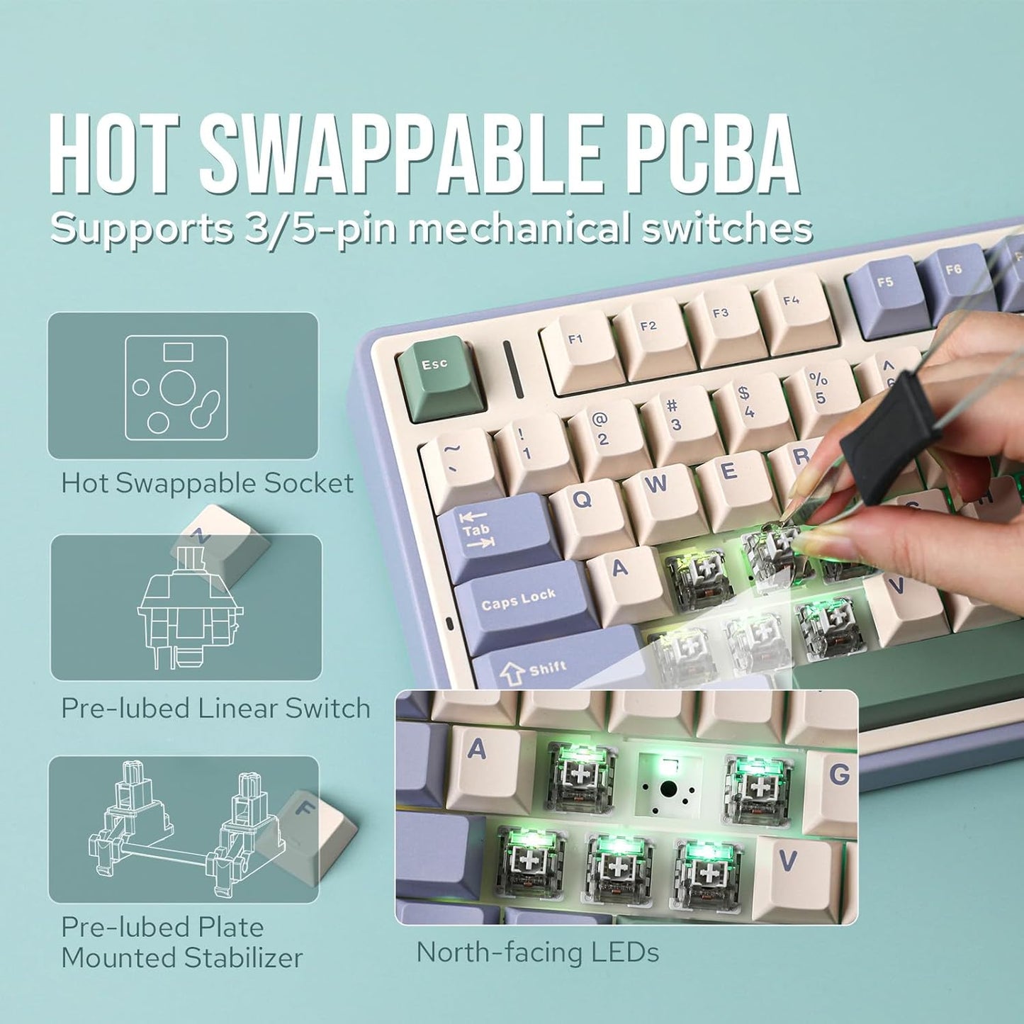 EPOMAKER x Aula F75 Gasket Mechanical Keyboard, 75% Wireless Hot Swappable Gaming Keyboard with Five-Layer Padding&Knob, Bluetooth/2.4GHz/USB-C, RGB (Green, Crescent Switch)