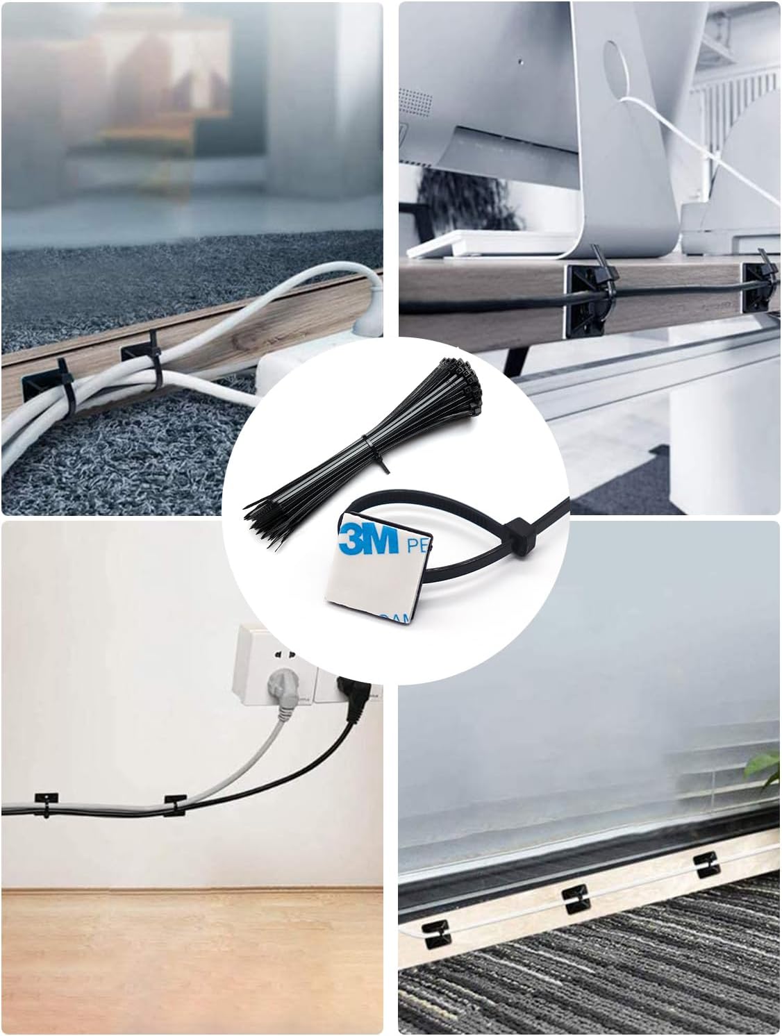 Cable Management Kit - 100 Set Adhesive Cable Zip Tie Mounts with 8" Zip Ties | UV Resistant Wire Organizers for Indoor/Outdoor Use-Black