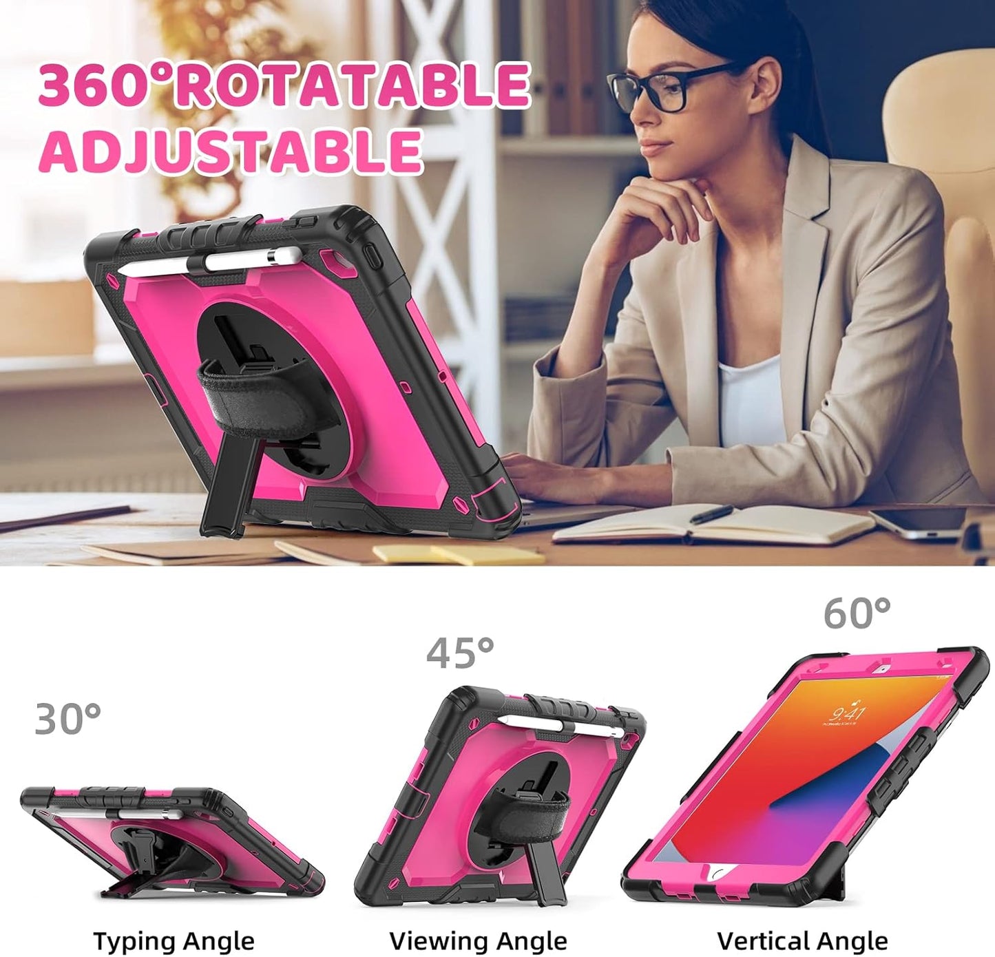 BLOSOMEET Case for iPad 9th Generation 2021 10.2 Inch with Tempered Glass Screen Protector & Pencil Holder,Protective Kids iPad 7th/8th Gen Cover 2020 2019 w/Stand Hand Shoulder Strap,Rosered