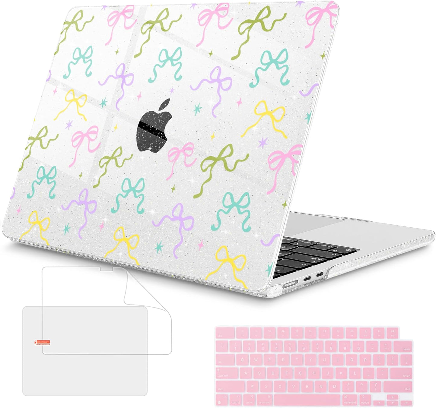 Mektron Compatible with M4 MacBook Air 15 inch Case 2025 A3241 2024 2023 M3 A3114 A2941 M2 Liquid Retina Display Touch ID, Plastic Hard Case & Keyboard Skin & Screen Protector - Gilitter Colorful Bows