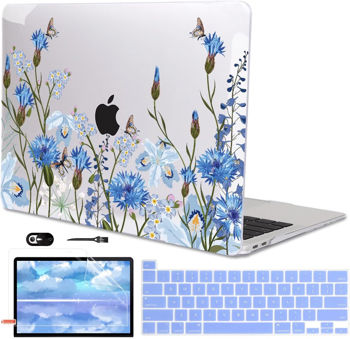 for MacBook Pro 13 Inch Case 2022 M2 2020 2021 A2338 M1 A2251 A2289 with Touch Bar & Touch ID, Plastic Hard Case Keyboard Cover Screen Protector Webcam Cover Brush, Tropical Blue Flowers
