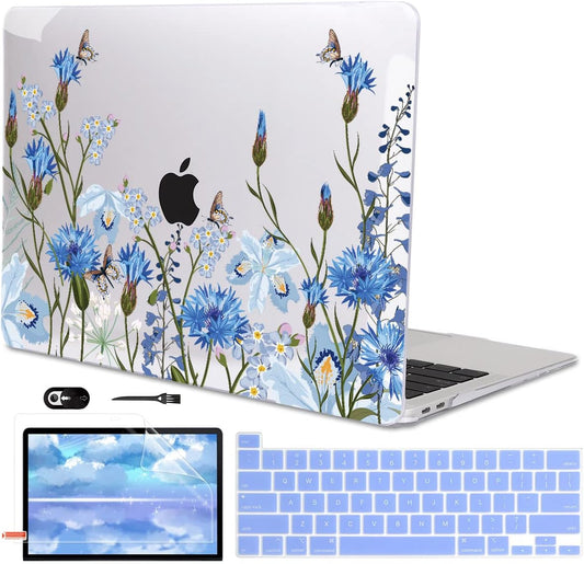 for MacBook Pro 13 Inch Case 2022 M2 2020 2021 A2338 M1 A2251 A2289 with Touch Bar & Touch ID, Plastic Hard Case Keyboard Cover Screen Protector Webcam Cover Brush, Tropical Blue Flowers