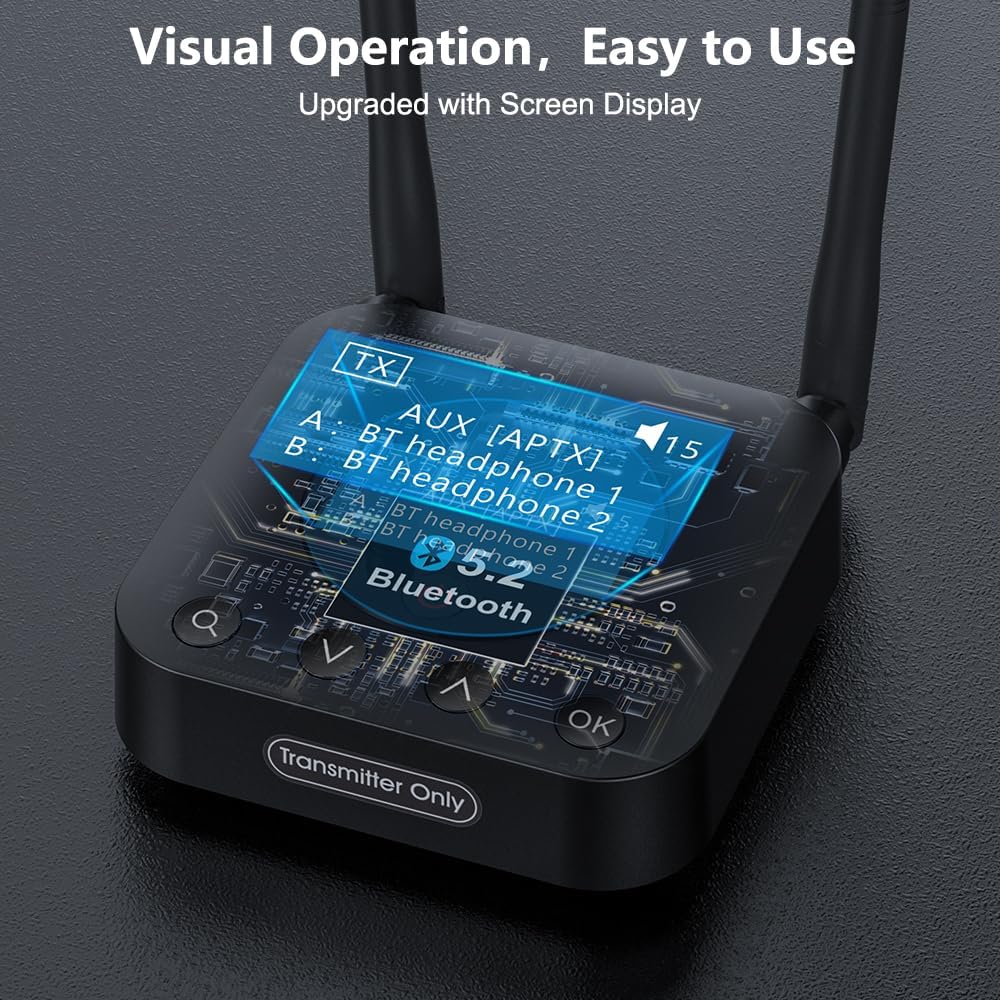 1Mii B06TX+ Long Range Bluetooth 5.2 Transmitter for TV/PC/Projector to 2 Wireless Headphones/Speakers, Bluetooth Adapter for TV w/Screen Display Plug n Play, aptX Low Latency & HD Audio