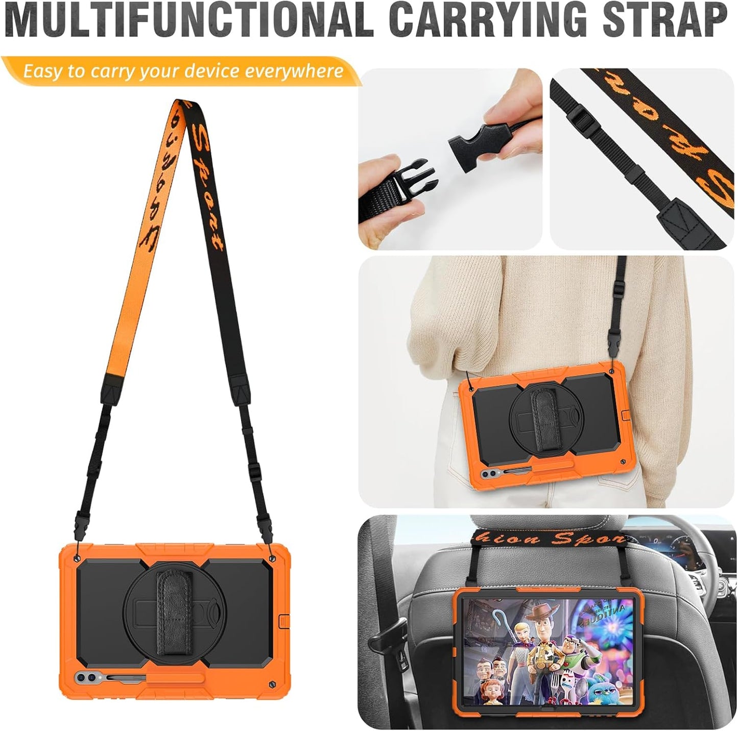 HXCASEAC Case for Samsung Galaxy Tab S7 FE 5G 12.4 inch, Protective with Screen Protector/Hand Strap/S Pen Holder, Heavy Duty Design for Samsung Galaxy S7 FE Tablet Case - Orange