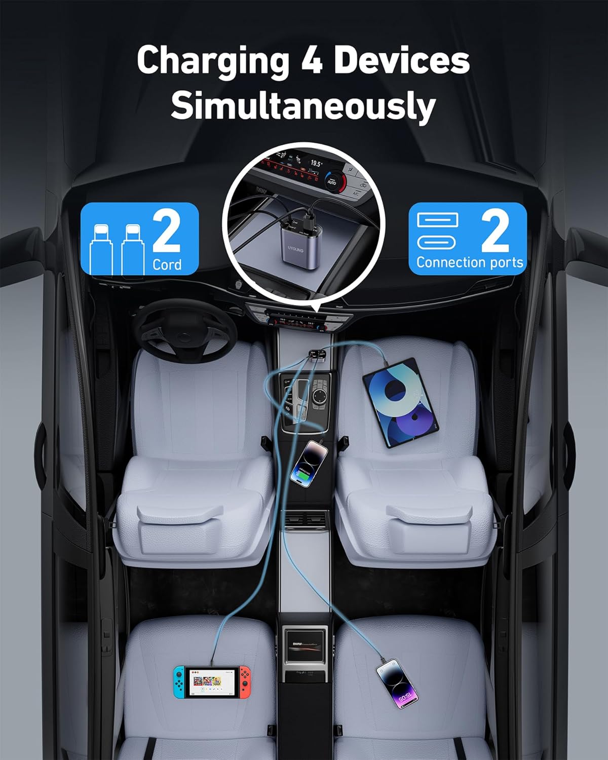 iPhone Car Charger 4 in 1 Fast USB Car Phone Charger 20W Double Lightning Retractable Cables 31.5 Inch and 2 USB Ports Car Charger Adapter for iPhone 14/13/12 Pro Max/XR/XS,Samsung,Pixel,iPad