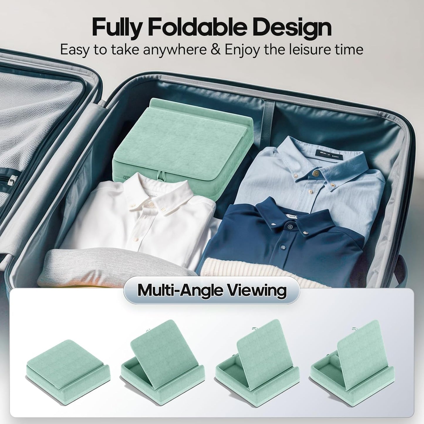 KDD Tablet Pillow Stand with Storage, Foldable iPad Holder for Bed, Lap and Desk, Angle Adjustable Soft Pad Dock with Stylus Mount Compatible with iPad Pro 12.9, 11, Air, Mini, Phones, Books (Green)