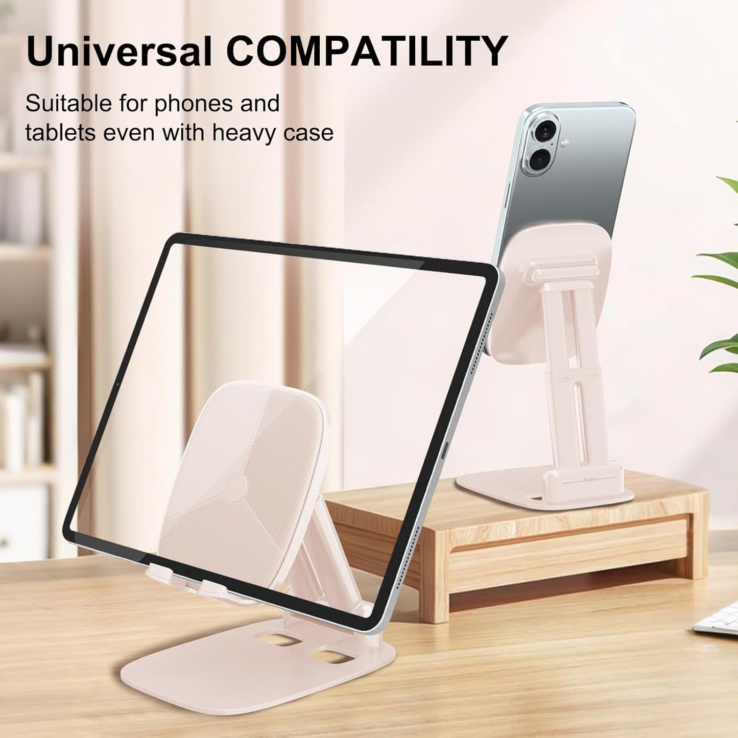 DEERLAMN Cell Phone Stand for Desk, Height Adjustable Cell Phone Holder Portable Desktop Stand, Travel Home Office Desk Accessories Compatible with iPhone 16/15/14/13/12/11 All Smartphone - Pink