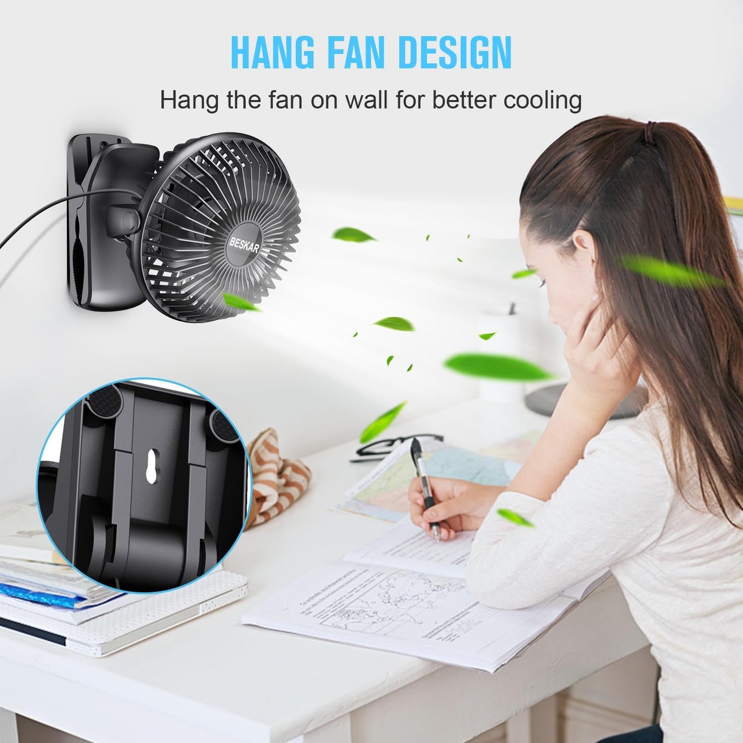 BESKAR Small Clip on Fan, 3 Speeds USB Fans with Strong Airflow, Clip & Desk Fans USB Plug in with Sturdy Clamp - Ultra Quiet operation for Office Dorm Bedroom Stroller