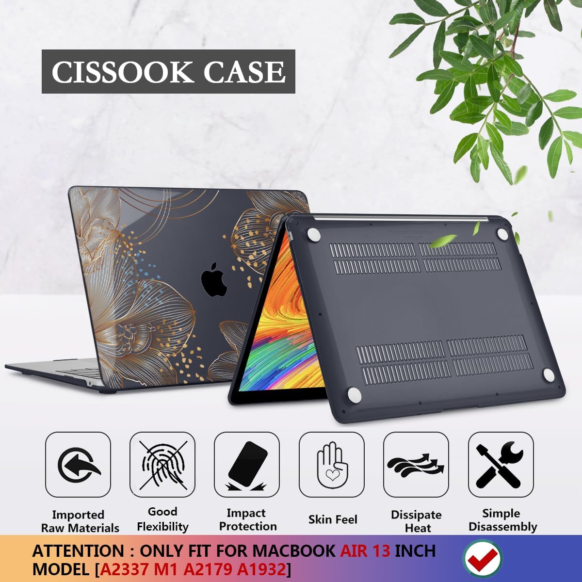 CISSOOK for MacBook Air 13 inch Case 2021 2020 2019 2018 Model M1 A2337 A2179 A1932, Black Hard Shell Case & Keyboard Cover & Screen Protector for MacBook Air 13 with Touch ID, Gorgeous Gold Floral