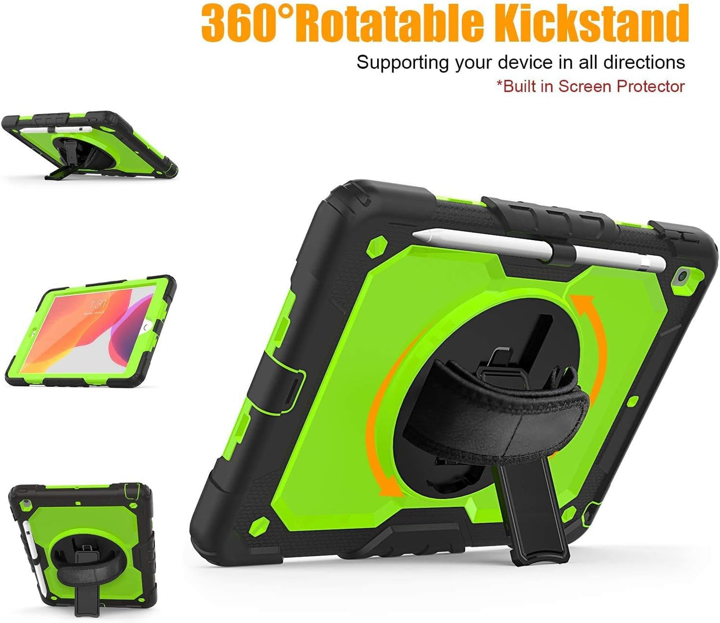 BLOSOMEET Case for iPad 9th/8th/7th Generation 2021/2020/2019 10.2 Inch with Tempered Glass Screen Protector & Pencil Holder,Protective Kids iPad 10.2 Case Cover w/Stand Hand Shoulder Strap,Green