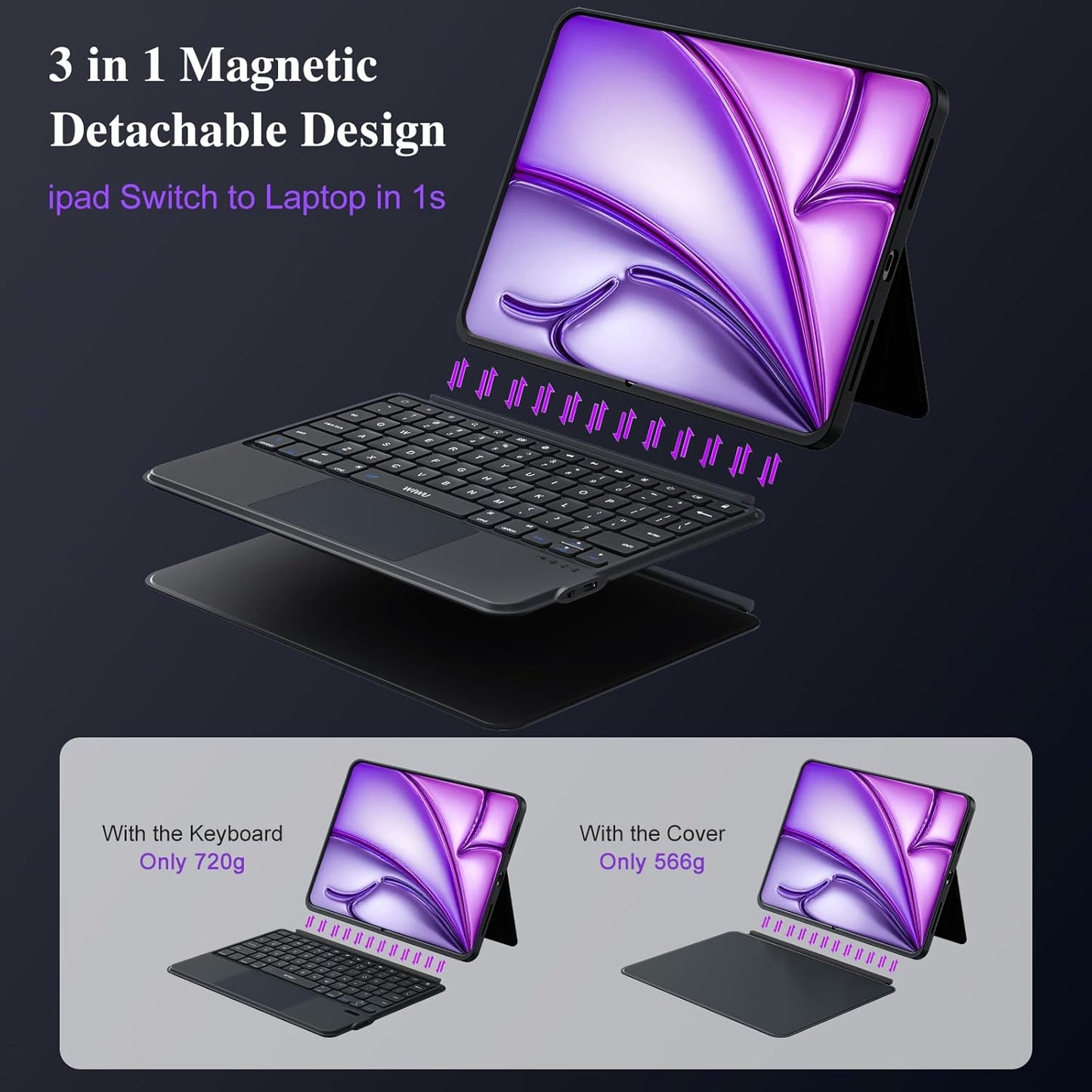 iPad Keyboard Case for iPad Air 13 inch (M3 M2 2025 2024),Pro 12.9 inch 6/5/4/3rd Gen,Flex Magnetic Detachable Bluetooth Keyboard with Trackpad,Springy Backlit Keys,Slim iPad Case with Stand (Black)