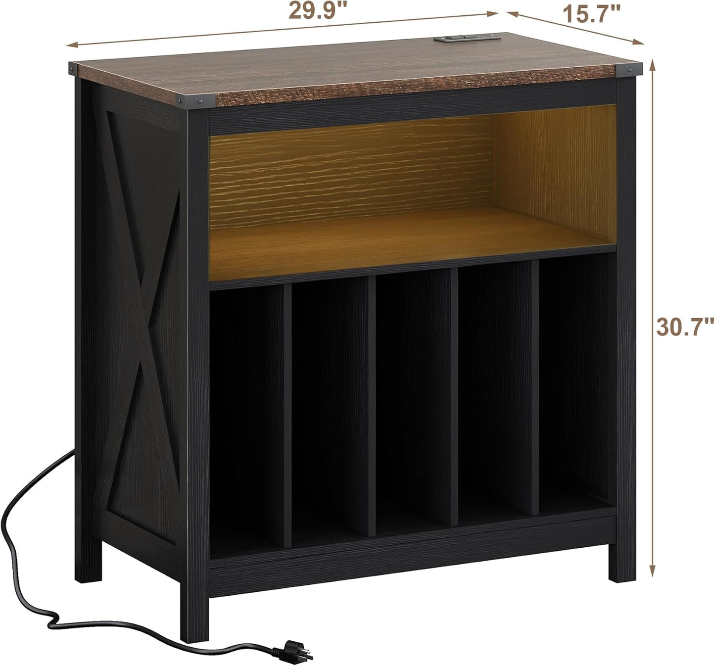 ChooChoo Large Record Player Stand with Charging Station & LED Light, Vinyl Record Holder hold up to 300 Albums, Farmhouse End Table for Bedroom, Living Room, Black