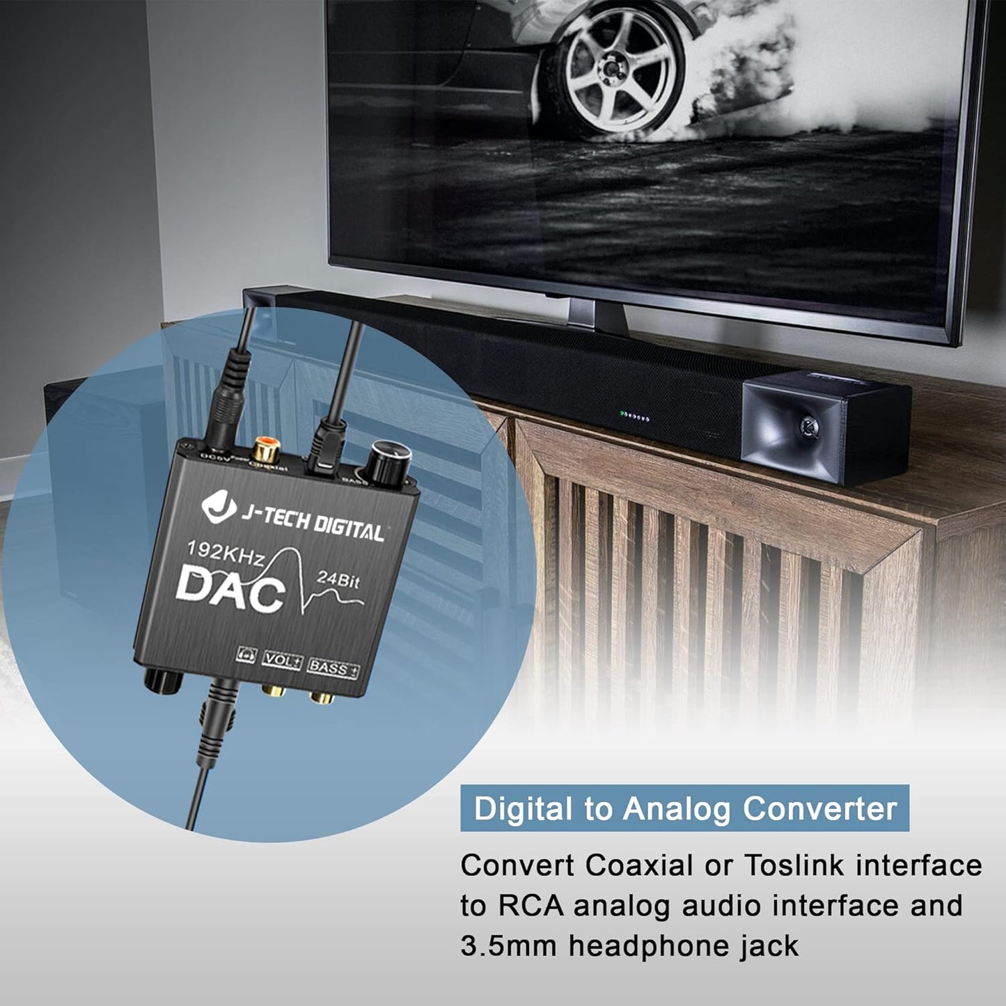 Digital to Analog Audio Converter with Headphone Amplifier & Bass Control by J-Tech Digital | 192kHz 24bit Optical Coaxial RCA 3.5mm