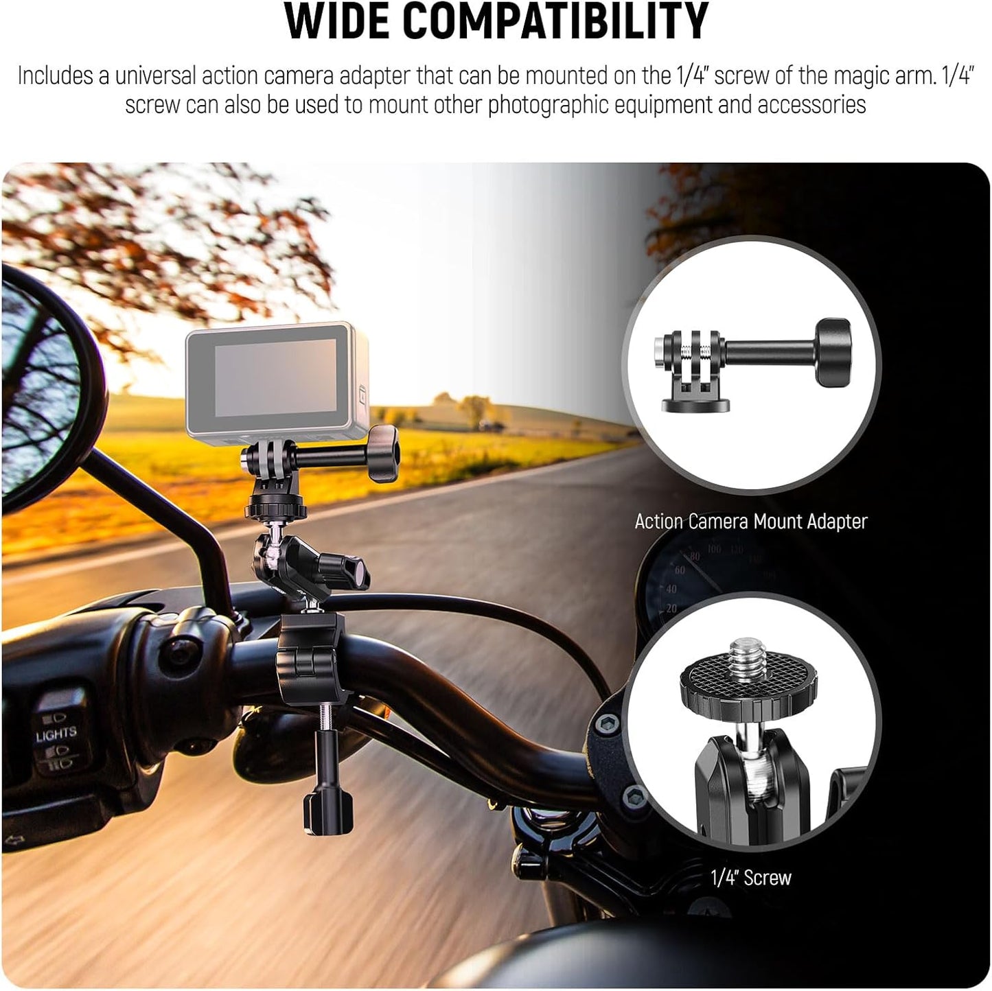 NEEWER Action Camera Pole Mount with Two 360° Ball Heads 1/4" Screw Action Camera Adapter, Holder Clamp for Motorcycle Bike Handlebar, Compatible with GoPro Hero13 12 11 10 9 Max360 Insta360 DJI Osmo