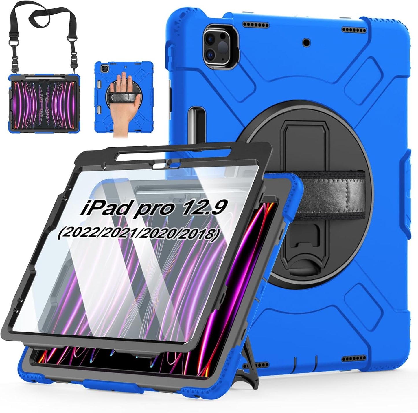 Case for iPad Pro 12.9 2022/2021/ 2020/2018: Cover for iPad Pro 12.9 6th/ 5th/ 4th/ 3rd Generation with Screen Protector- Stand- Pencil Holder- Handle- Shoulder Strap Blue