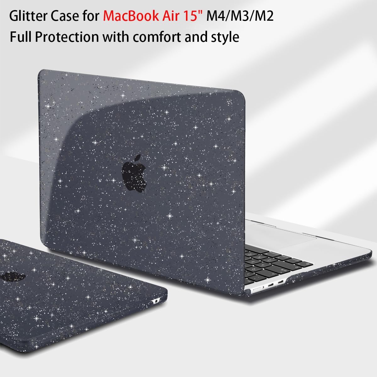 Teryeefi Sparkly Case for M4/M3/M2 MacBook Air 15 inch Case 2025 2024 2023 Model A3241/A3114/A2941, Laptop Hard Shell with Keyboard Cover&OTG Adapter& Screen Protector, Glitter Black