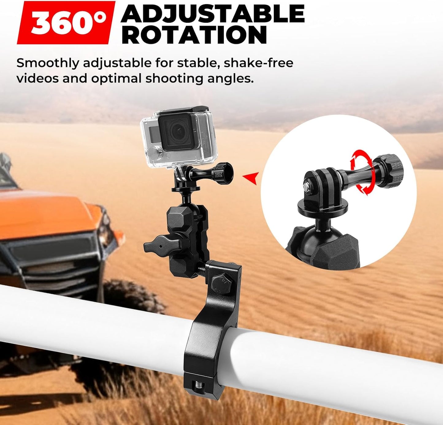 Jerbor Aluminum UTV ATV Camera Mount Holder 360° Compatible with 1.75"-2" Roll Bar and Tube, Fit for GoPro Hero,for Insta360 and Other Action Cameras