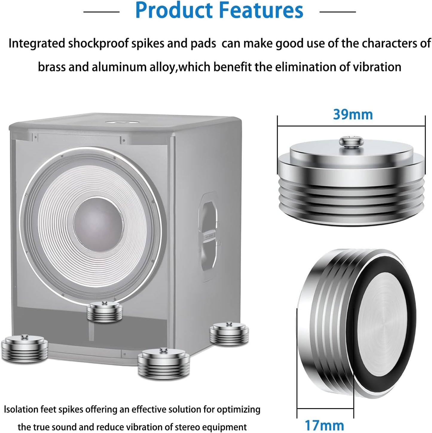 Audiocrast IF3917S HiFi Speaker Isolation Feet Pads 4PCs Aluminum 39x17mm Silver Speaker Shock Absorber Vibration Dampener Floor Protector for Audio Speaker Subwoofer CD DVD Amplifier Turntable DAC