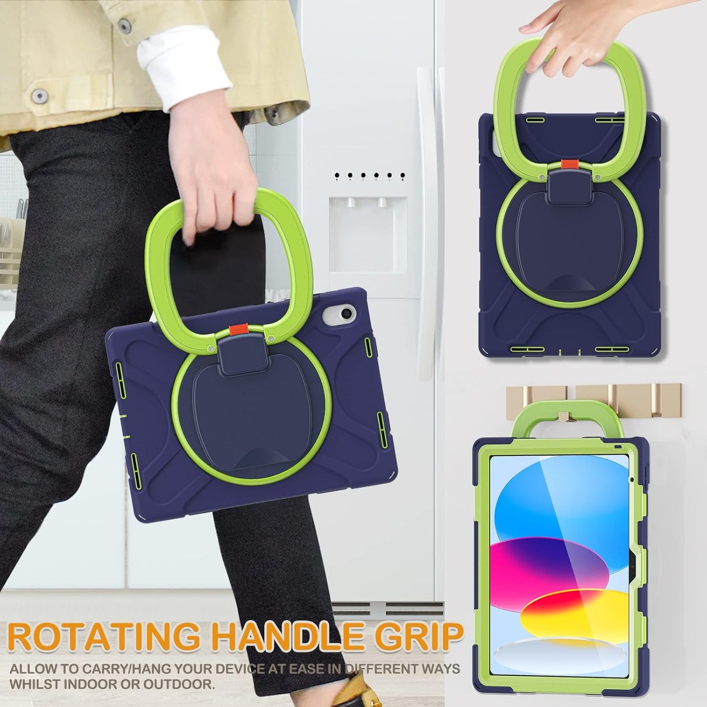 BRAECN Case for iPad (A16) 11th/10th Generation 11”/10.9'' 2025/2022-Rugged Silicone Cover with Swivel Ring Stand/Pencil Holder/Handle Grip/Kickstand/Screen Protector/Shoulder Strap, Navy Green