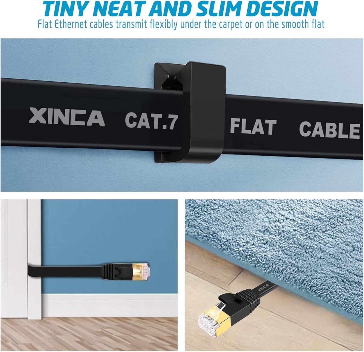 Cat 7 Flat Ethernet Cable 15ft Black, High Speed 10GB Shielded (STP) LAN Internet Network Cable Ethernet Patch Computer Cable with Rj45 Connectors and 5pcs Adhesive Cable Clips