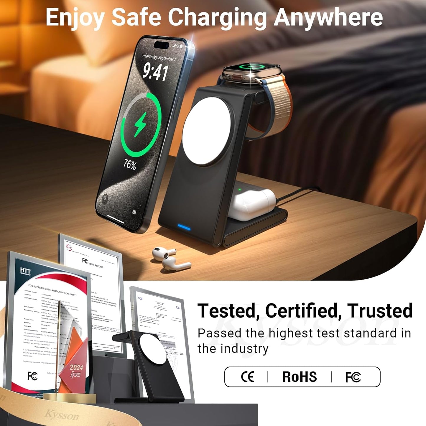 Foldable 3 in 1 Charging Station for Multiple Devices, Travel Wireless Charger for MagSafe Charger Stand, Magnetic Charging Stand for iPhone 16/15/14/13/12 for iWatch AirPods Black