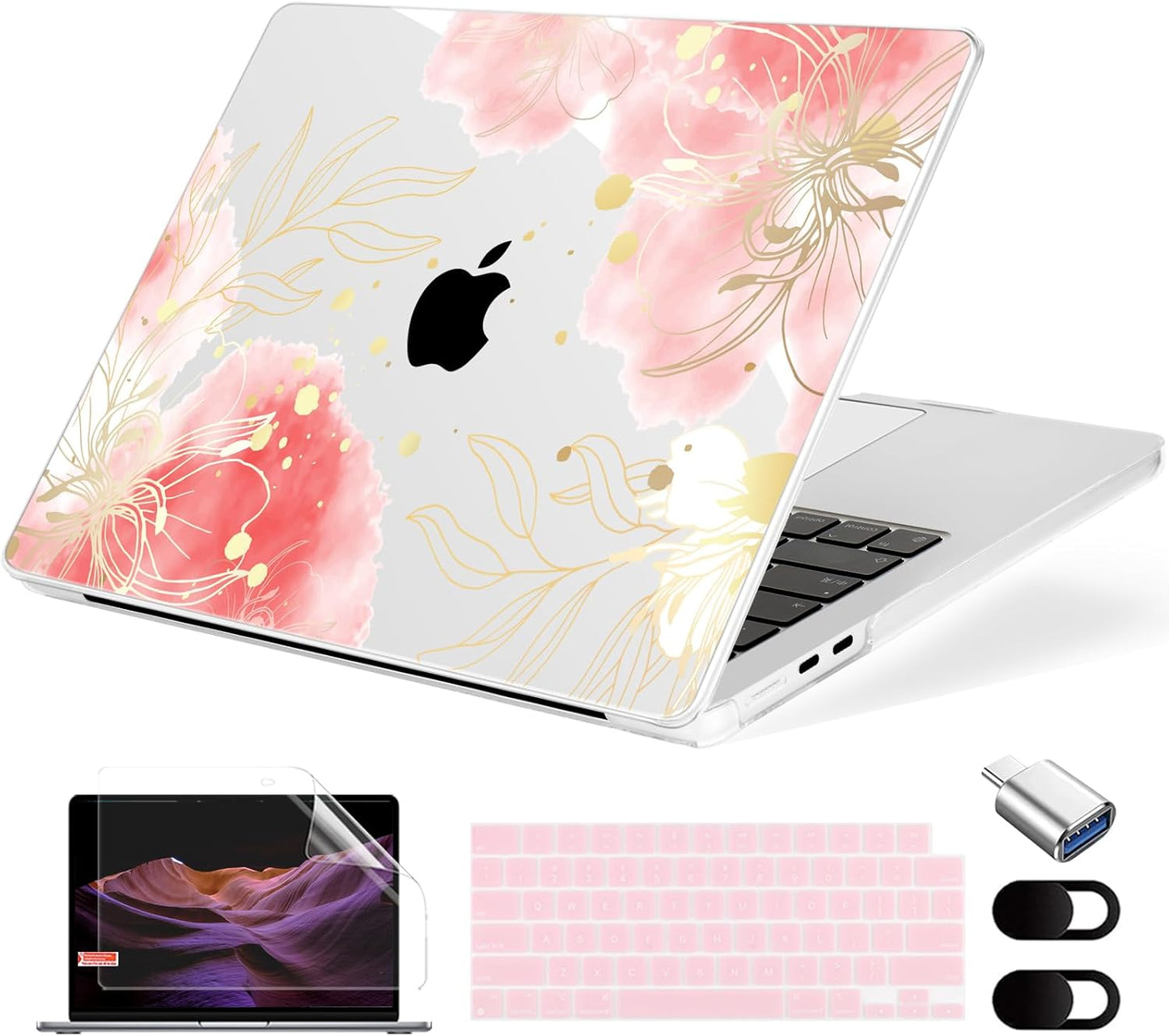 Compatible with MacBook Air 13.6 inch Case, M4 A3240/M3 A3113/M2 A2681 (Released 2025 to 2022), Hard Shell, Keyboard Cover, Screen Protector, Webcam Cover & Type-C Adapter, Vector Flower3