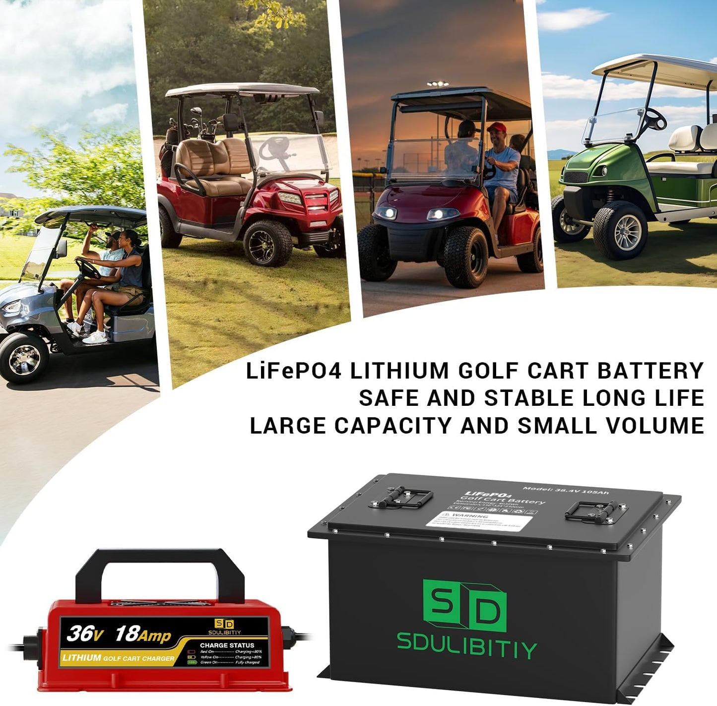 36V(38.4V) 105Ah LiFePO4 Golf Cart Battery, Built-in Smart 200A BMS, with Touch Monitor, Mobile APP, 4000+ Cycles Rechargeable Lithium Golf Cart Battery, Max 7.68kW Power Output, Perfect for Golf Cart