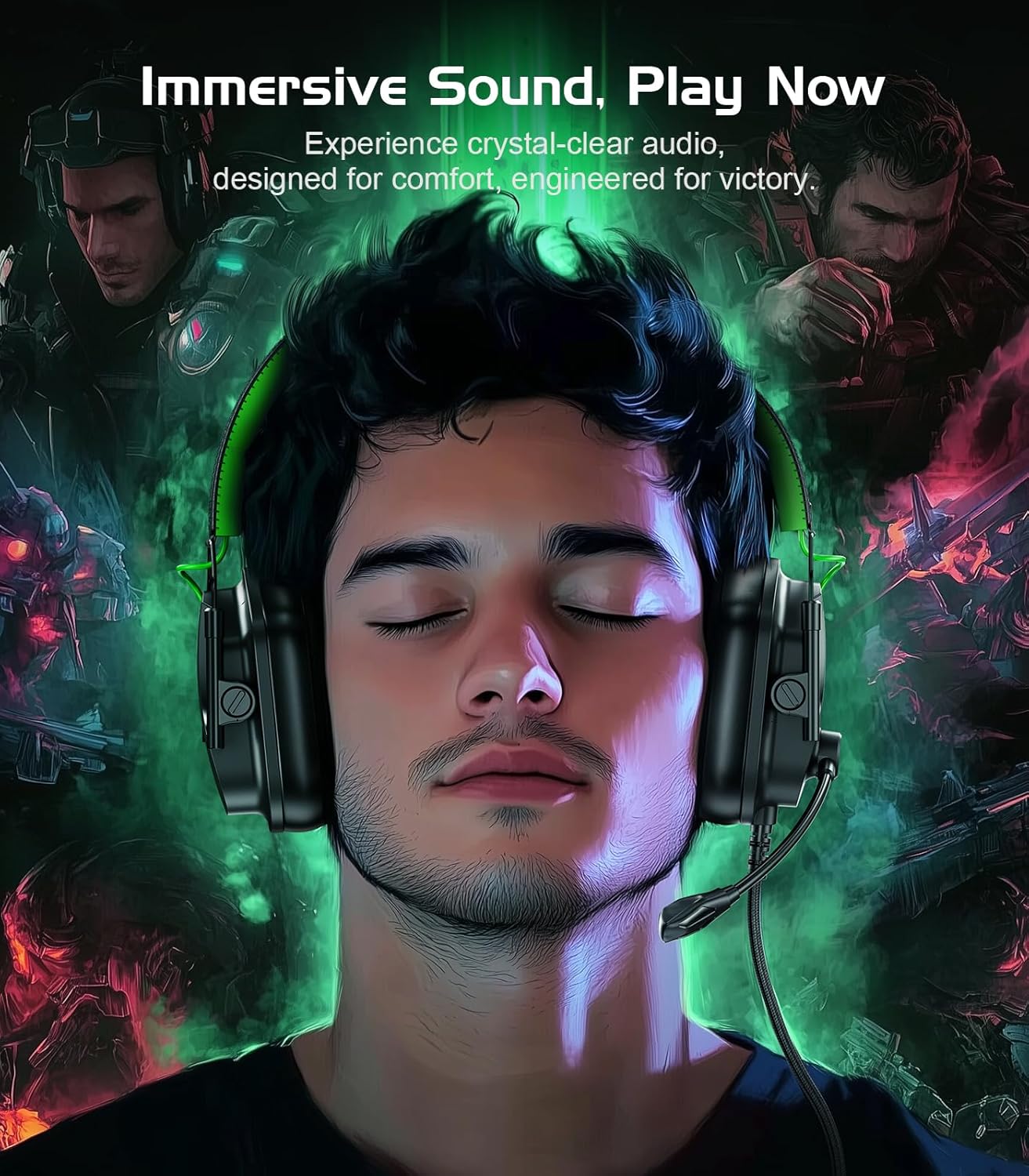 HW12 Gaming Headset for PC,PS5,PS4,Xbox One,Switch,Gaming Headphones with Microphone Wired Headset with 3.5mm Audio Jack (Black/Green)