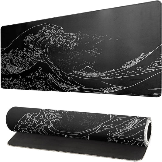 Japanese Gaming Mouse Pad Abstract Black Mouse Pad 31.5x11.8 Inch Black Sea Wave Texture Non-Slip Rubber Base Large Ocean Mousepad Stitched Edges Keyboard Mouse Mat Desk Pad for Office and Home