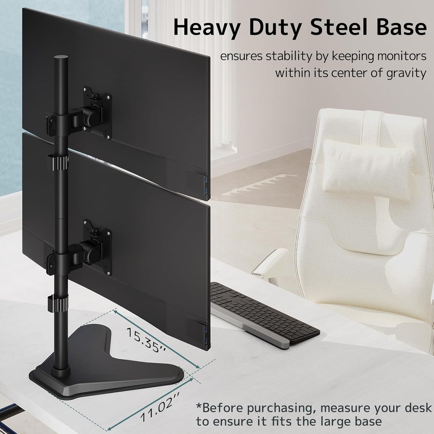 Dual Monitor Stand Heavy Duty - 17-49 inch Freestanding Vertical Dual Monitor Arm, Adjustable Stacked Double Monitor Desk Mount, Max Load 44 lbs (per Screen), VESA 75/100 mm, Black