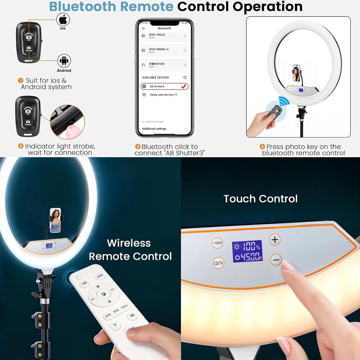 18" Large Ring Light with 60" Tripod Stand for iPhone, Portable Foldable Bi-Color 2500-6500K LED Big Ringlight for iPad with Bluetooth Remote Video Recording YouTube TikTok Photography Makeup