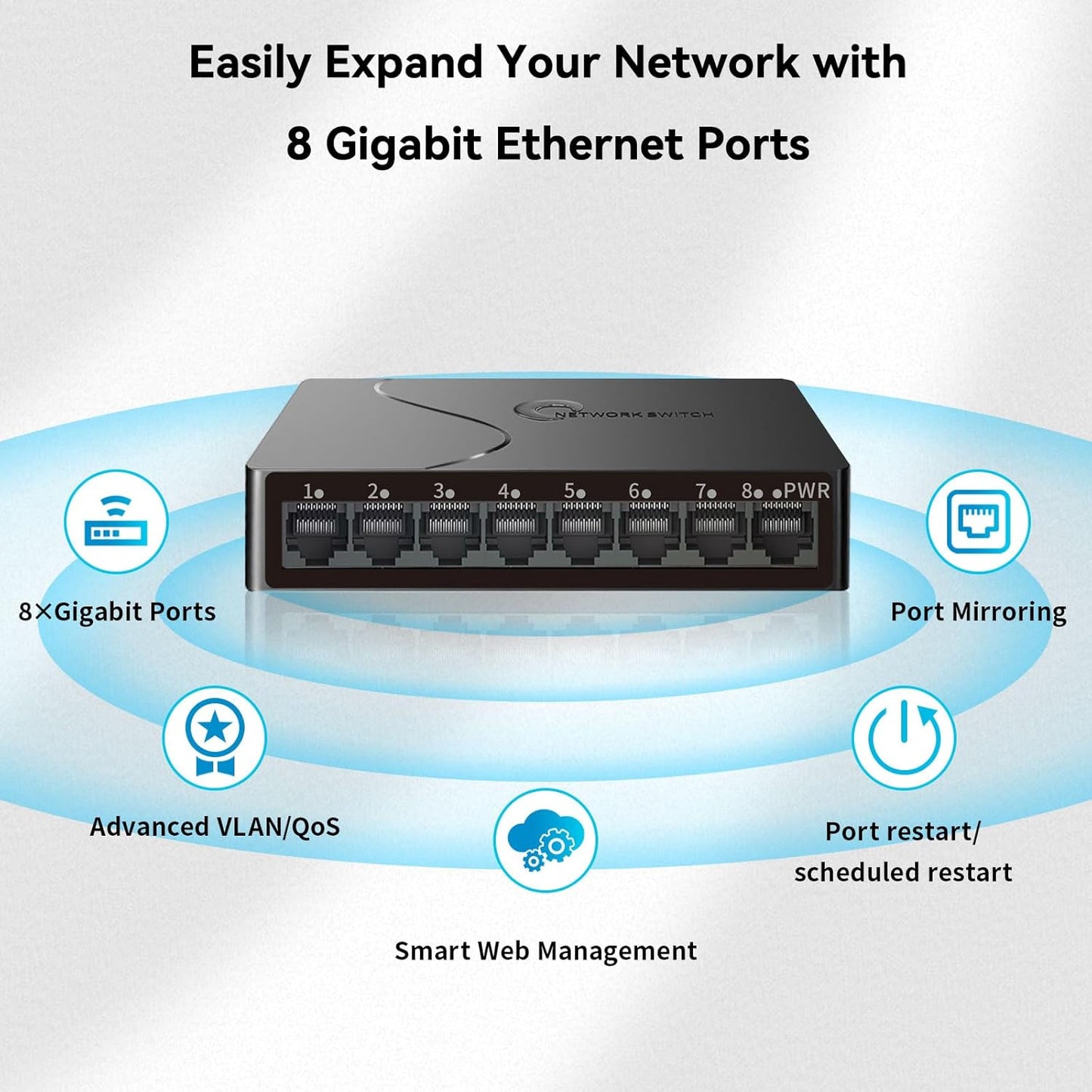 8-Port Gigabit Easy Smart Managed Ethernet Switch | Plug & Play Network Hub with VLAN, QoS, Port Mirroring | Fanless Design | Desktop/Wall Mount for Home/Office