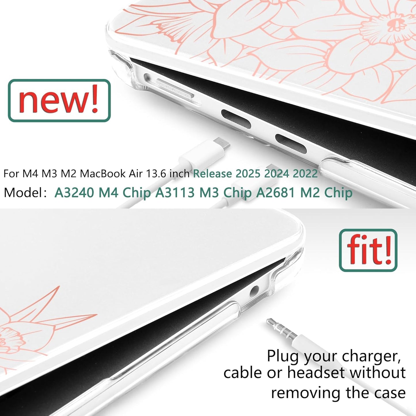 TWOLSKOO Compatible with M4 MacBook Air 13.6 inch Case 2025-2022 Release M4 A3240 M3 A3113 M2 A2681, Plastic Hard Shell & Keyboard Cover & Type C Adapter & Screen Protector, Pink Floral Frame