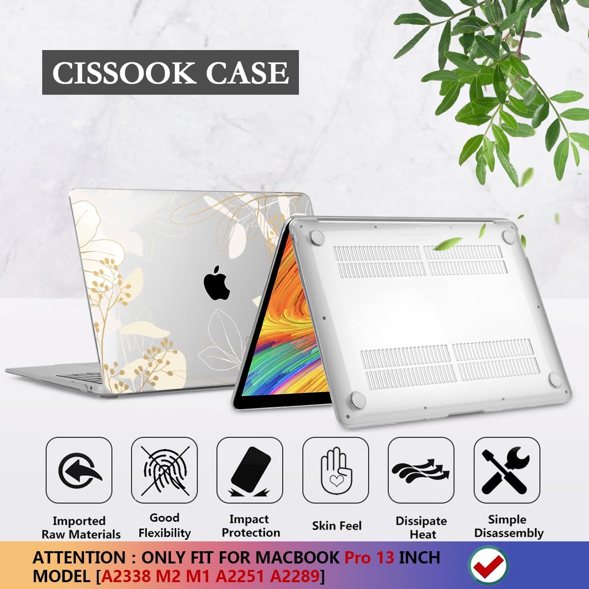 CISSOOK Compatible with M2 MacBook Pro 13 Inch Case 2025-2020 Release M1 M2 A2338 A2289 A2251, Plastic Hard Shell Case & Keyboard Cover for MacBook Pro 13 with Touch Bar, Golden Flowers