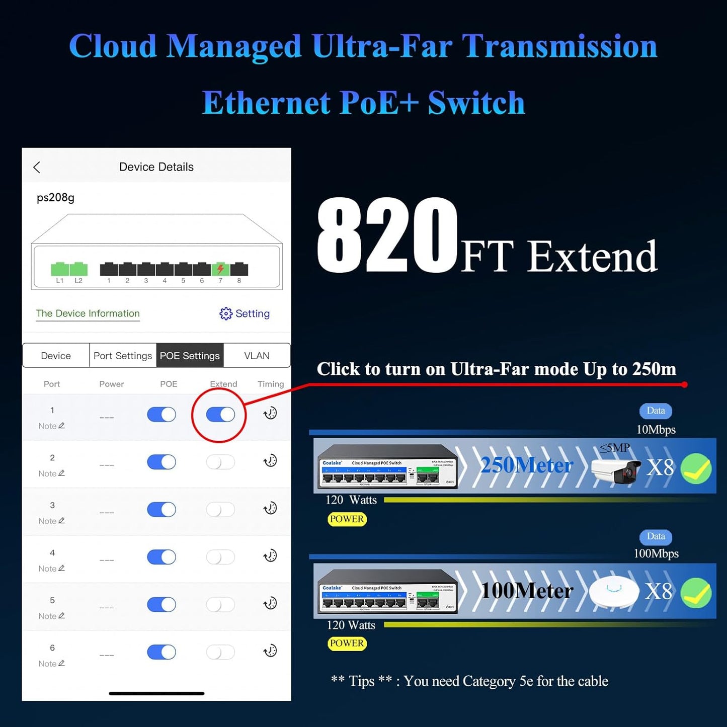 10-Port PoE Switch (8 PoE Ports@120W Built-in Power, 2 Uplink) with Extend Function, Managed Ethernet Switch, Plug & Play, Fanless Metal Design, VLAN, Qos,Desktop/Wall Mount
