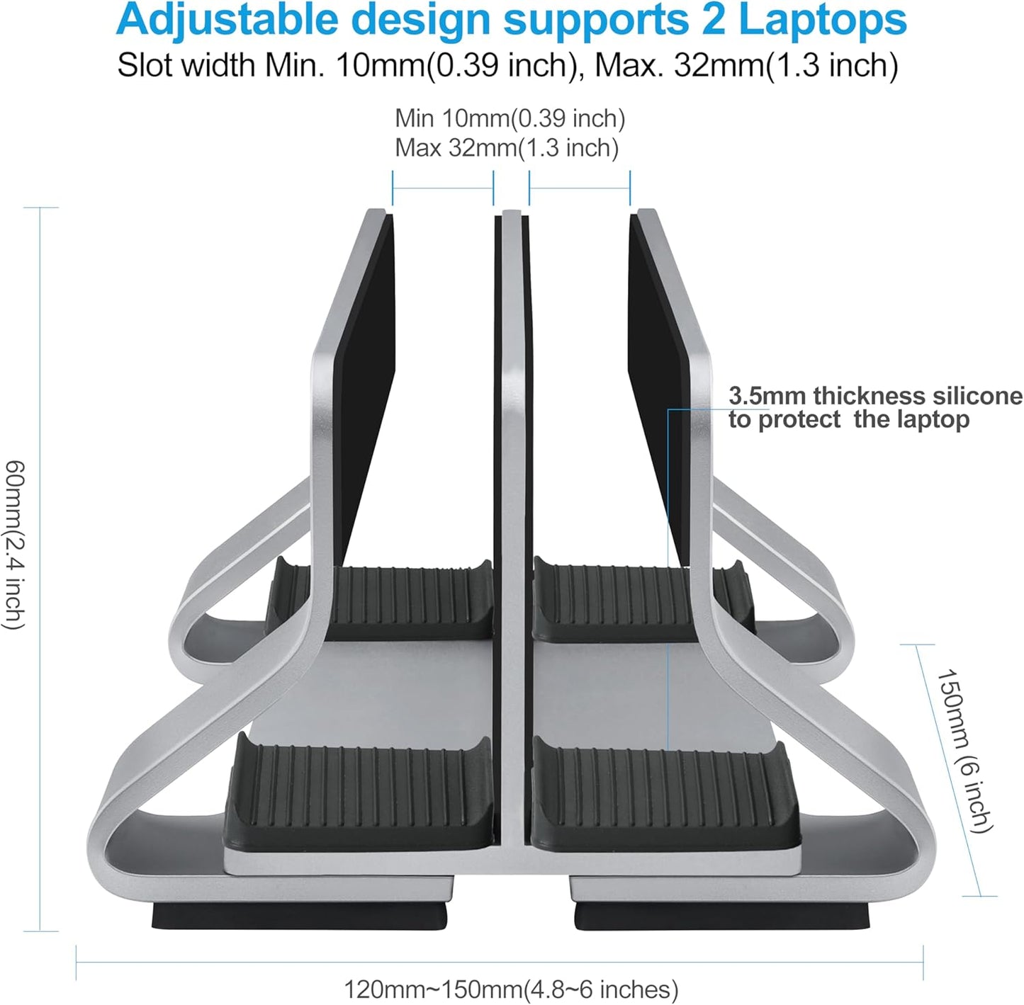 Aluminum Dual Vertical Laptop Stand Dock Holder, Supports 2 Devices, Adjustable Slot Width 15-36mm, Space-Saving Upright Storage for MacBook and Laptops